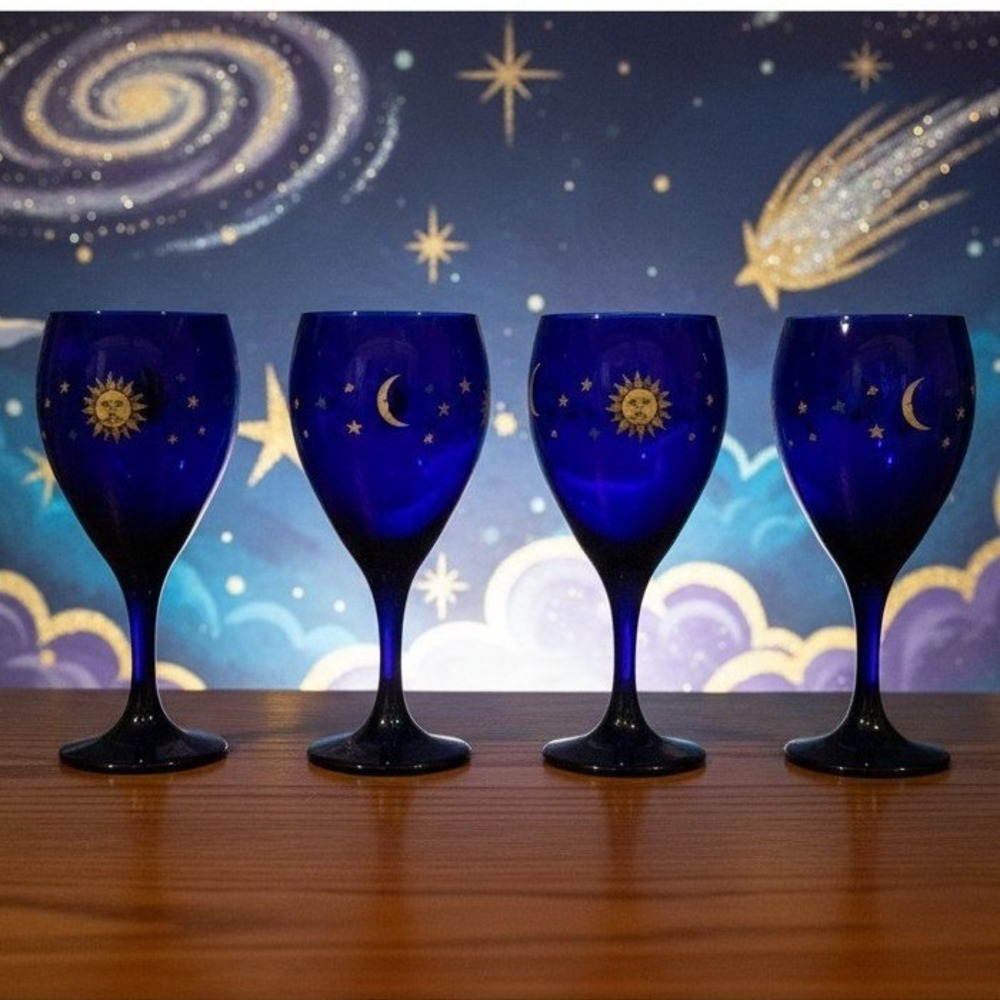 Libbey Celestial Sun Moon and Star Cobalt Blue Wine Glasses Set of 4